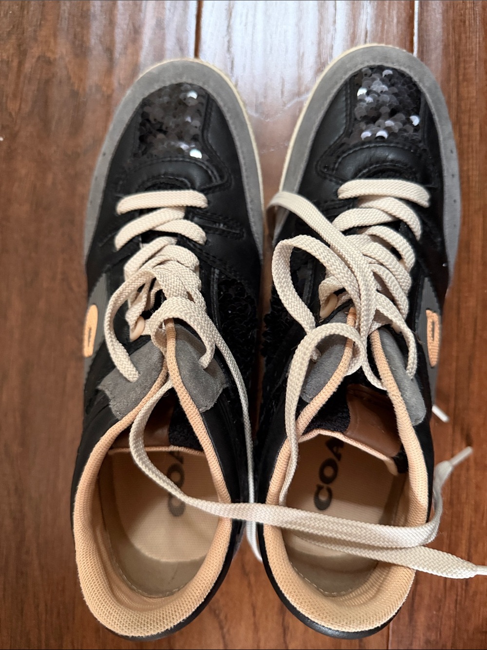 Coach Women's Black Sequin Sneakers with Beige Accents